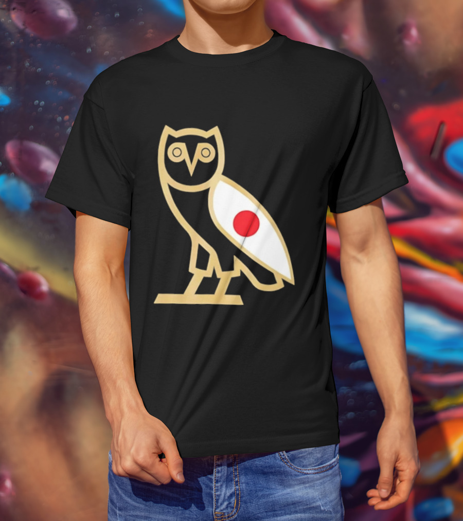 OVO Owl Japan Flag Icon Gold Outline And Red Circle Motif T-Shirt
