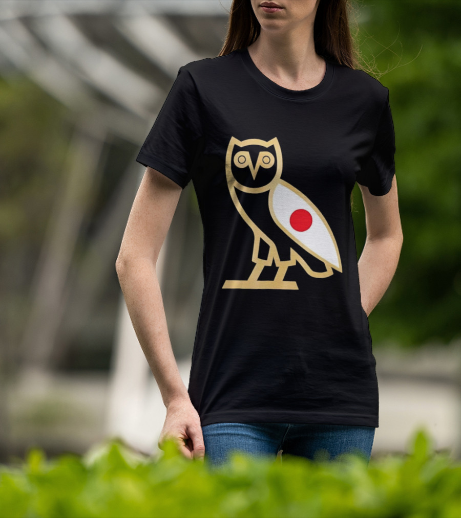 OVO Owl Japan Flag Icon Gold Outline And Red Circle Motif T-Shirt