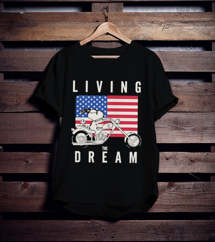 Living The Dream Snoopy Woodstock Motorcycle American Flag Peanuts T-Shirt