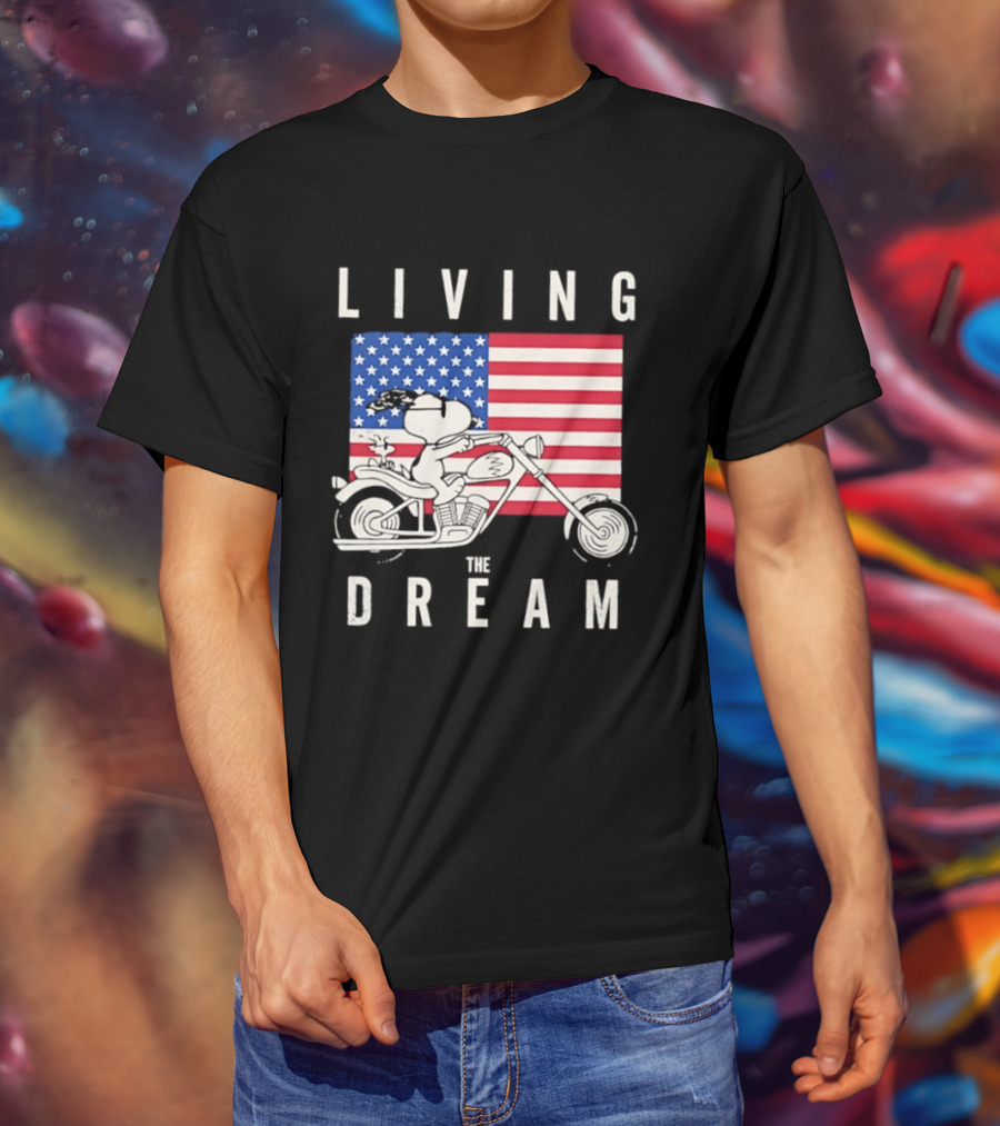 Living The Dream Snoopy Woodstock Motorcycle American Flag Peanuts T-Shirt