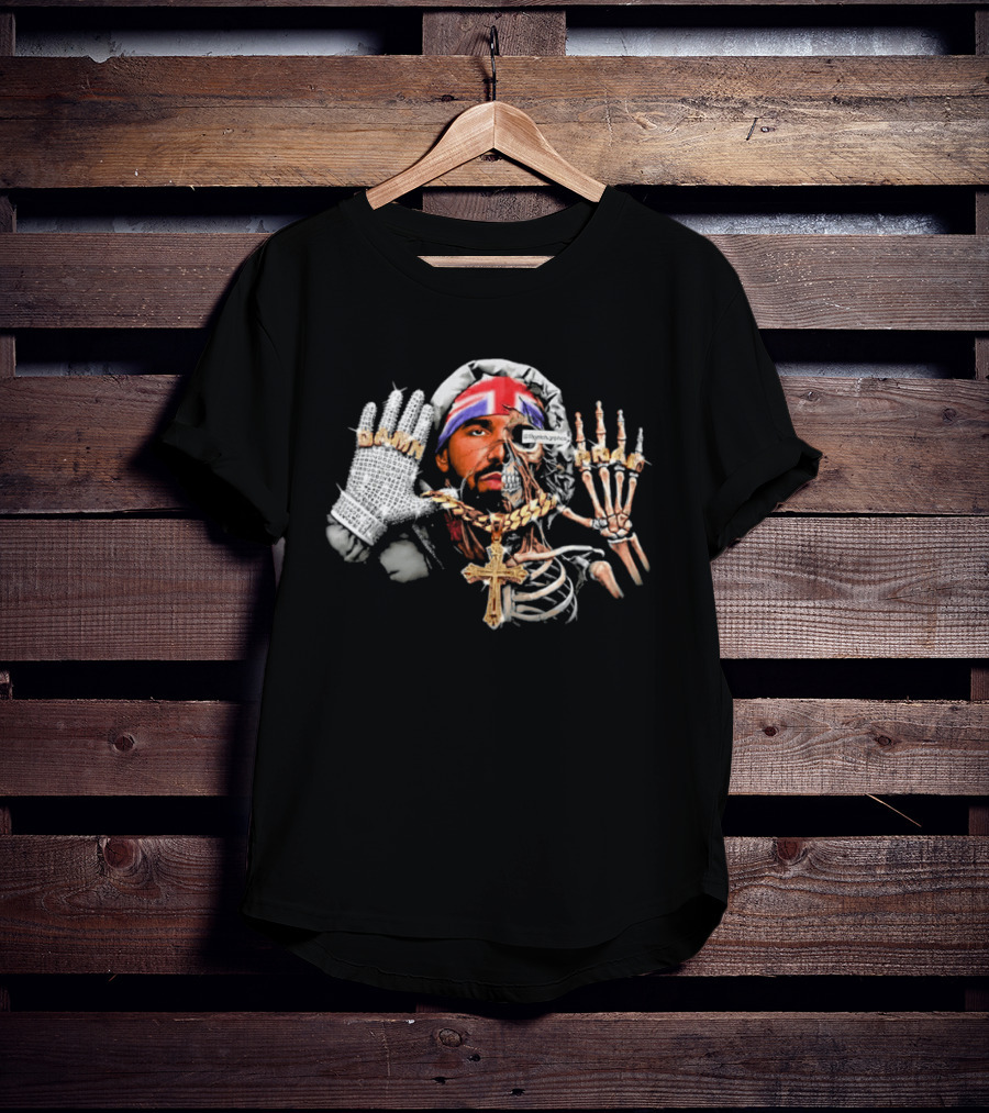 Damn Pray Skeleton Half Face Union Jack Diamond Glove Cross Necklace T-Shirt