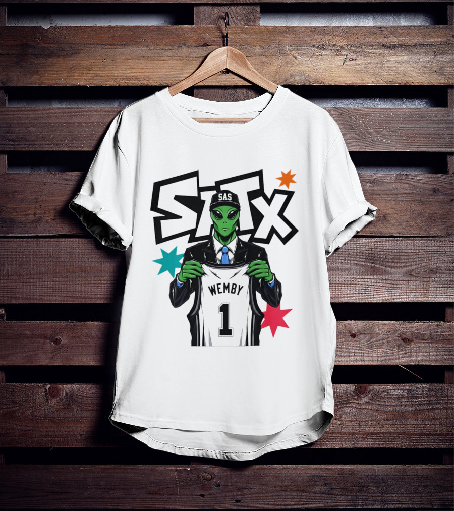 STX SAS Alien Wemby Holding Spurs Jersey Victor Wembanyama T-Shirt