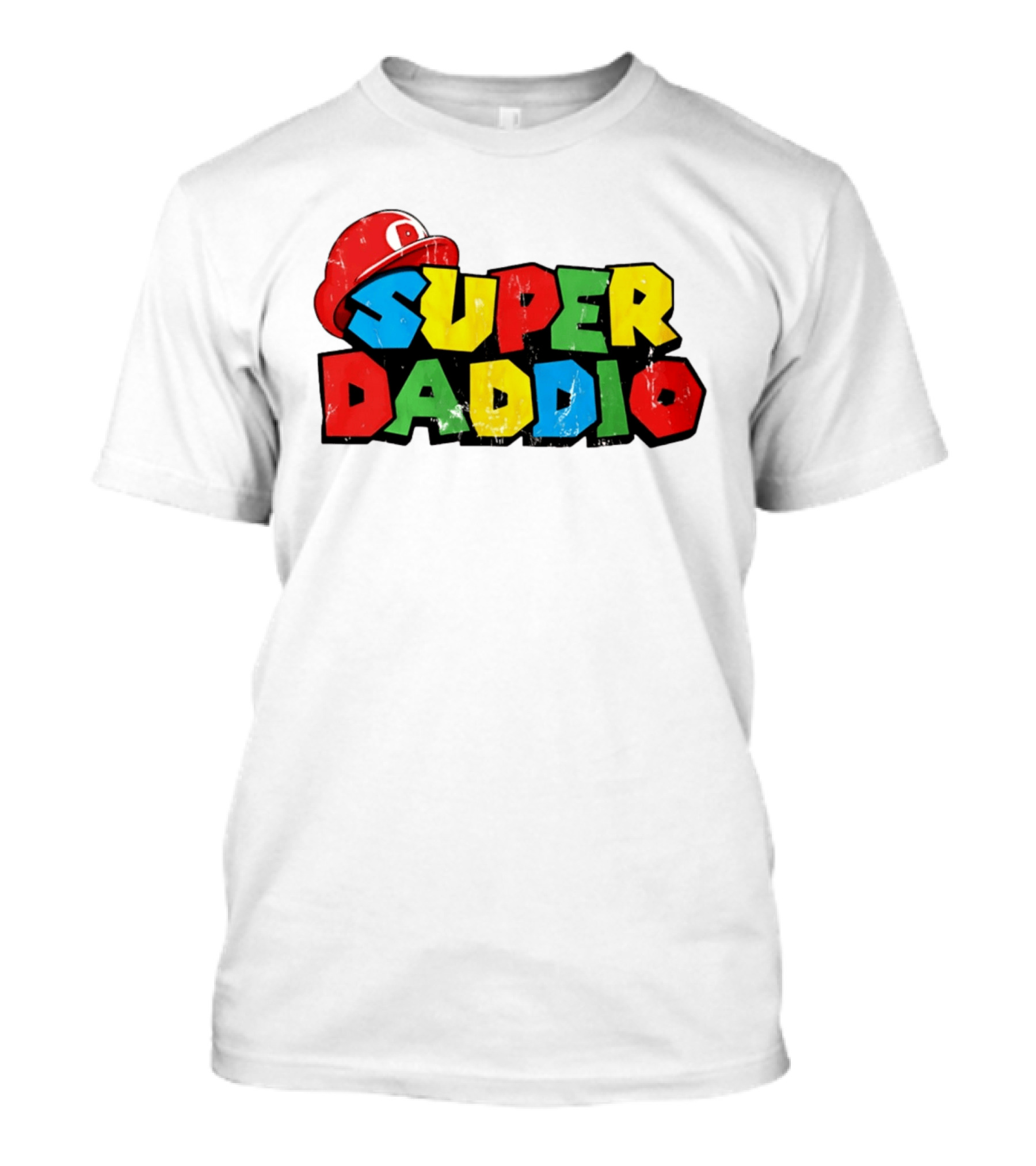 Super Daddio Mario Cartoon Colorful Text With Red Hat T-Shirt