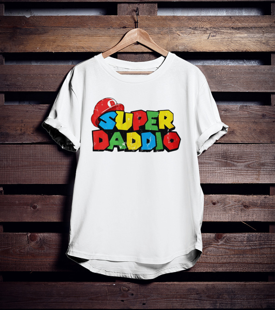 Super Daddio Mario Cartoon Colorful Text With Red Hat T-Shirt