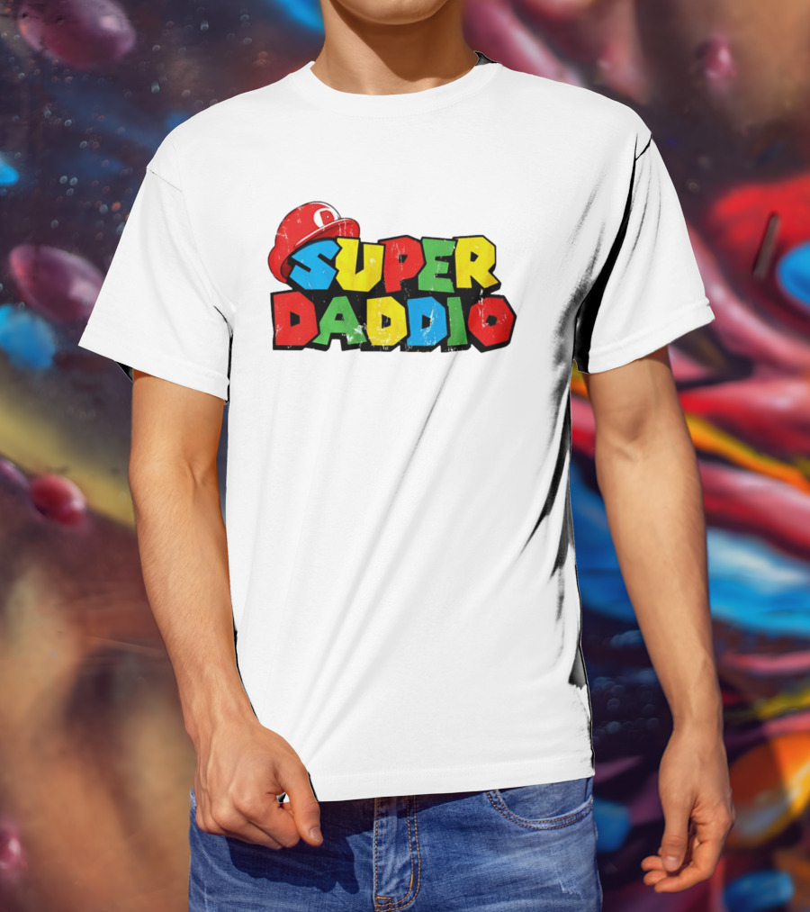 Super Daddio Mario Cartoon Colorful Text With Red Hat T-Shirt