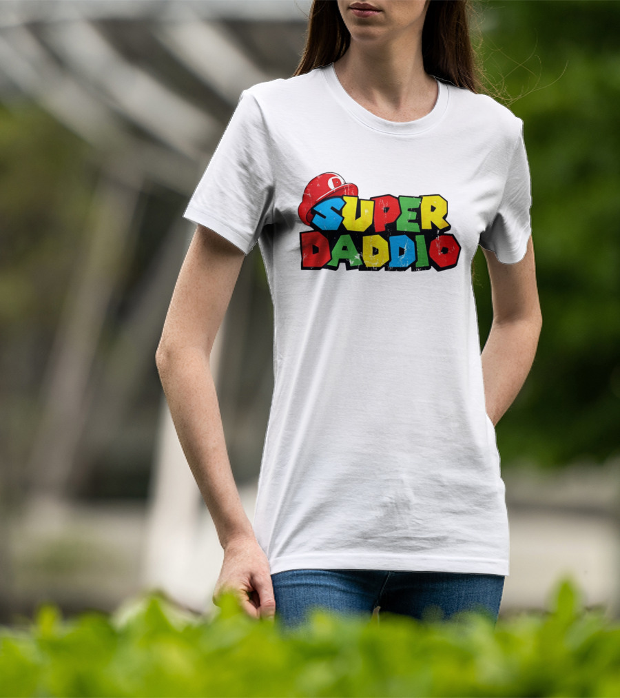 Super Daddio Mario Cartoon Colorful Text With Red Hat T-Shirt