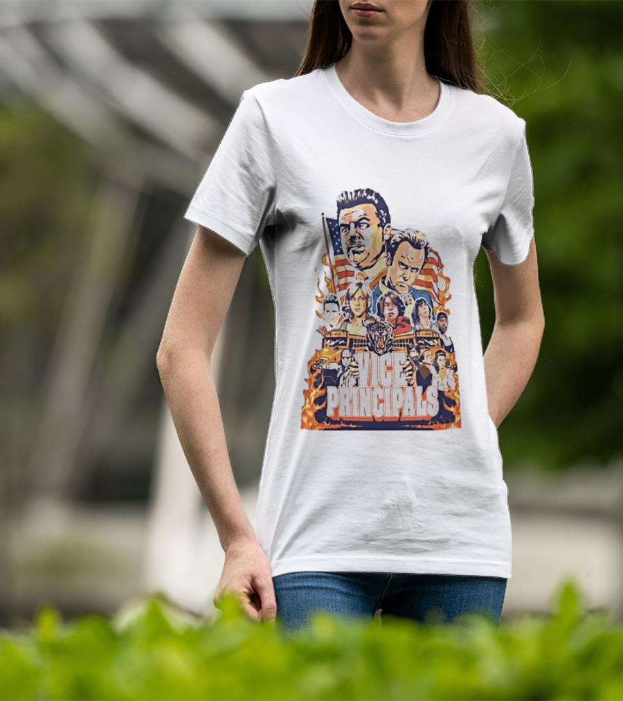 Vice Principals TV Show Cast Collage With School Bus And American Flag T-Shirt