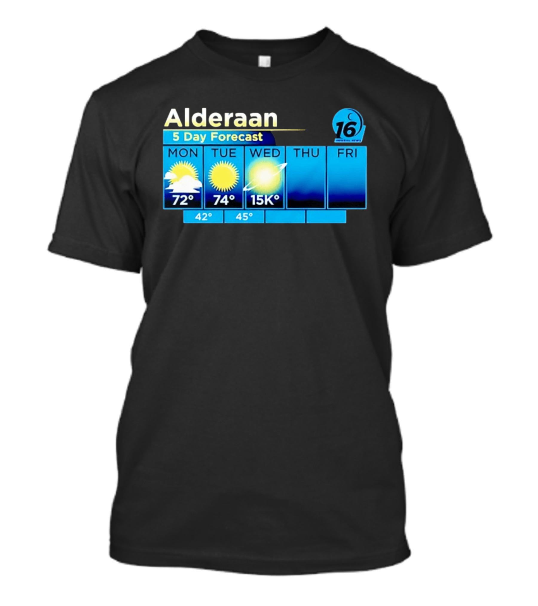 Alderaan 5 Day Forecast Weather Channel Sci Fi Parody 15K Degrees Mon Thu Fri T-Shirt
