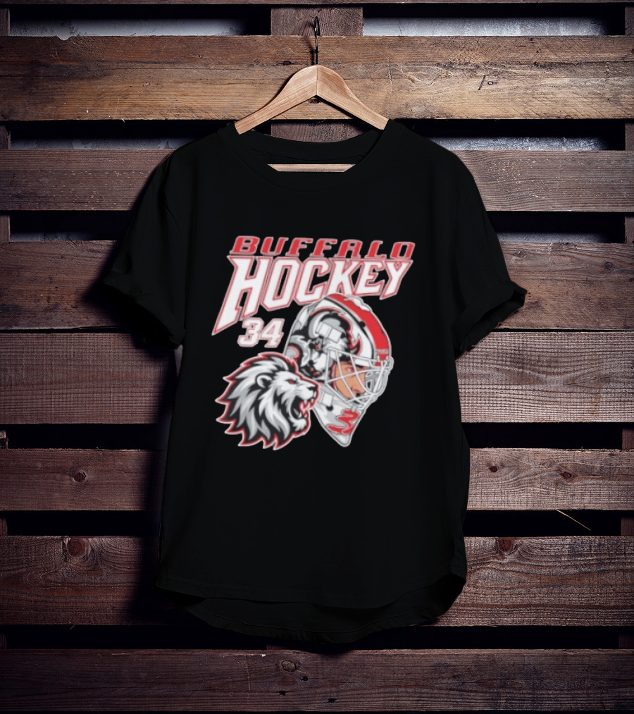 Buffalo Hockey 34 Alex Lyon Lion Graphic With Hockey Helmet T-Shirt