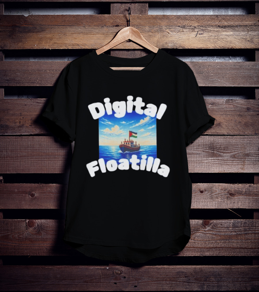 Digital Floatilla Boat With Flag On Ocean Waves T-Shirt