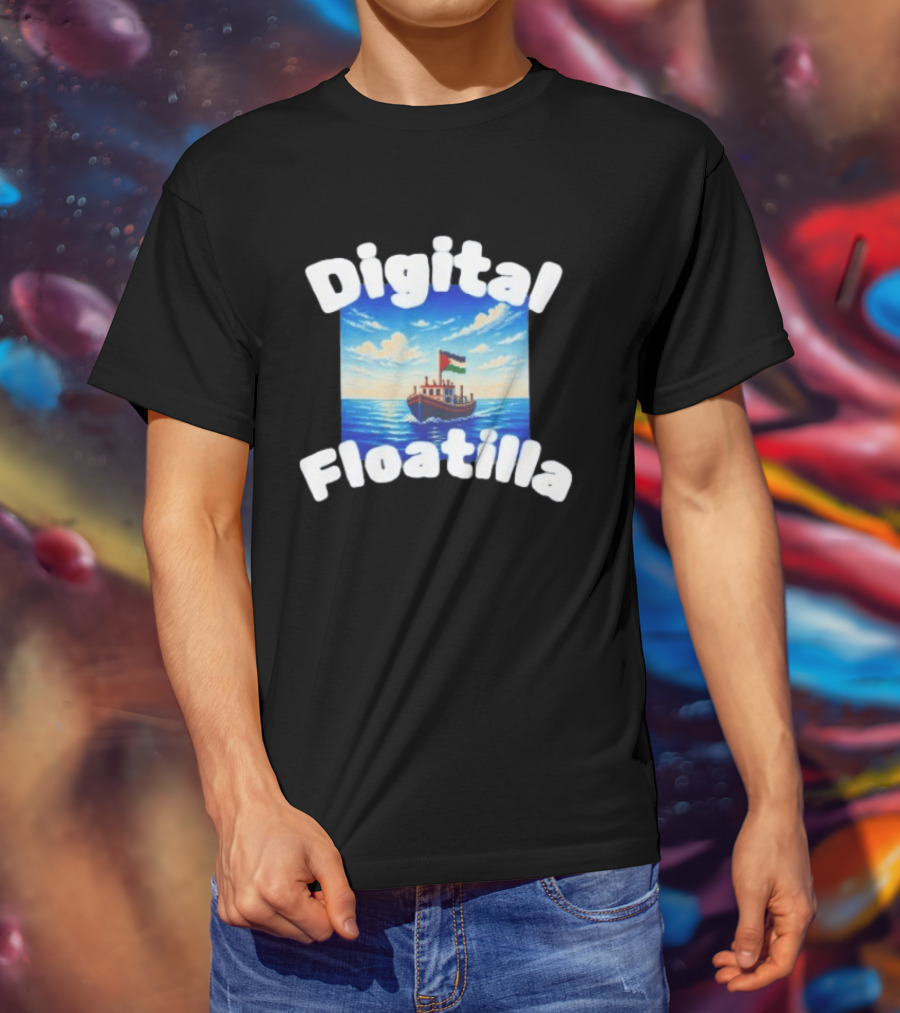 Digital Floatilla Boat With Flag On Ocean Waves T-Shirt