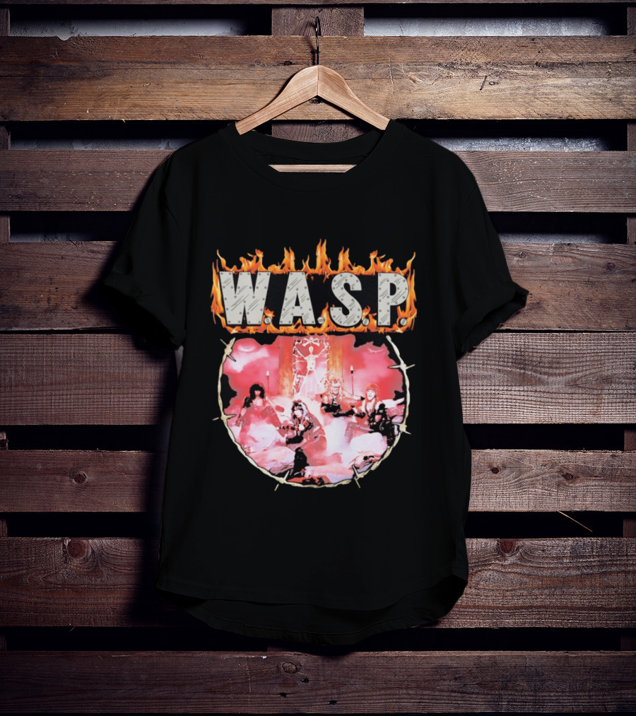 W.A.S.P. Band Fire With Group Photo And Flaming T-Shirt
