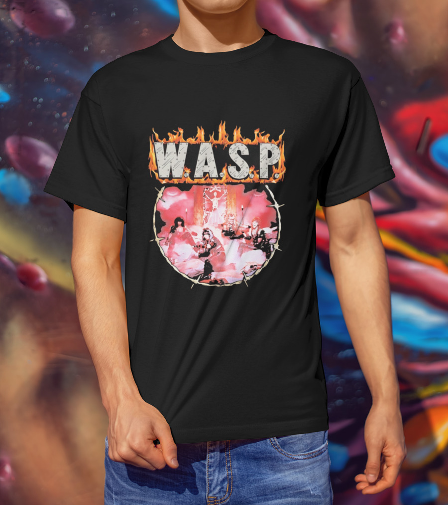 W.A.S.P. Band Fire With Group Photo And Flaming T-Shirt