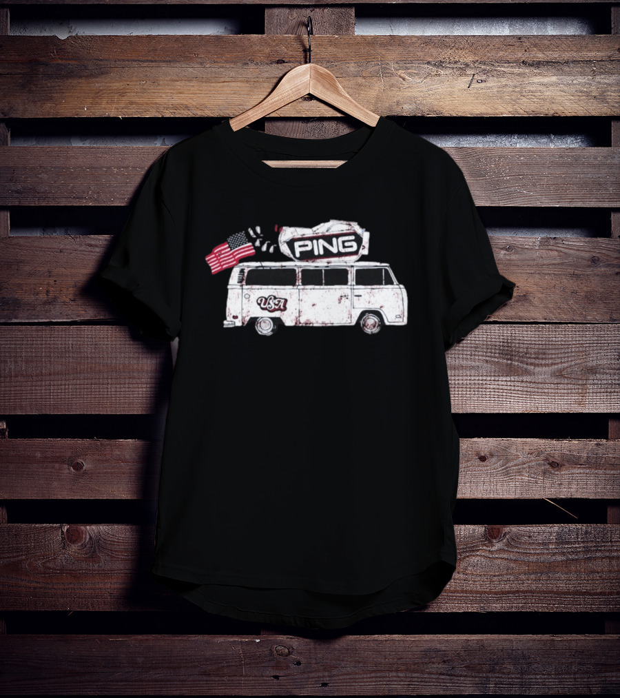 Ping USA Vintage Bus With American Flag And Surfboard T-Shirt