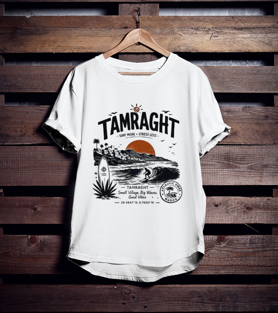Tamraght Surf More Stress Less 2026 Sunset Palm Trees Good Vibes Agadir Coordinates T-Shirt