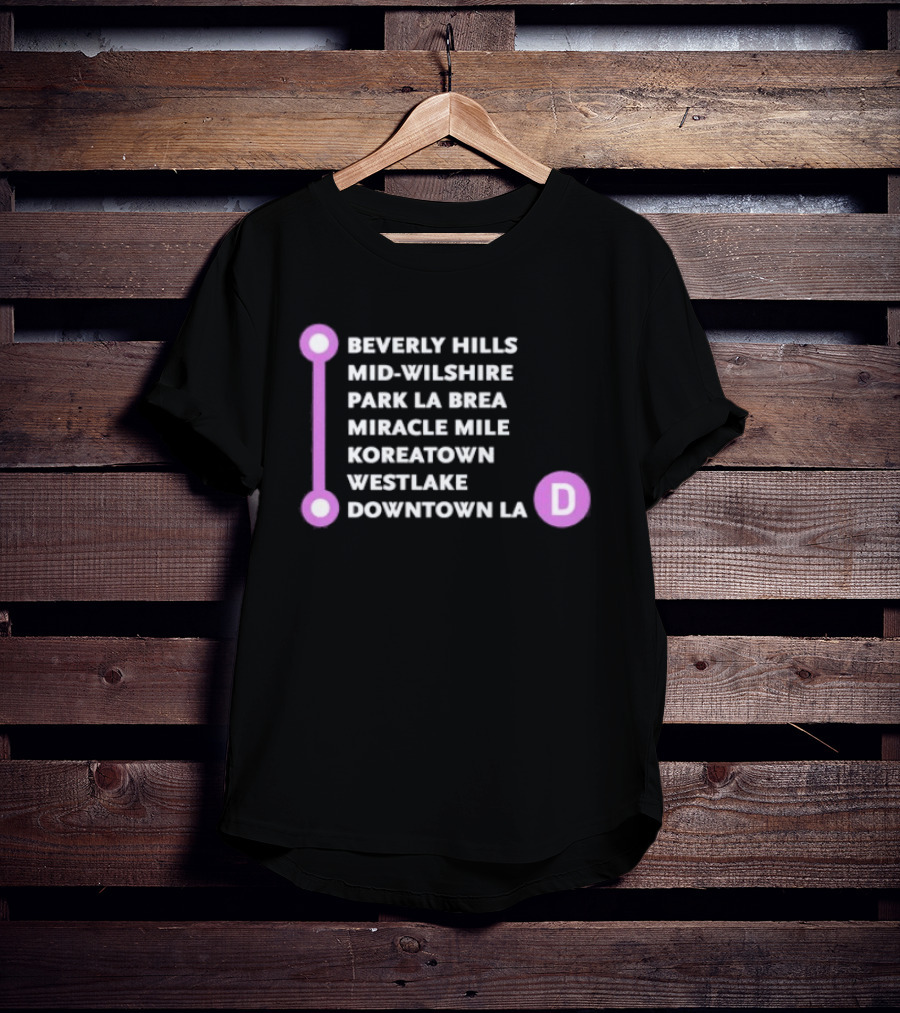 Beverly Hills Mid Wilshire Park La Brea Miracle Mile Koreatown Westlake Downtown LA D Map Purple Circle Route T-Shirt