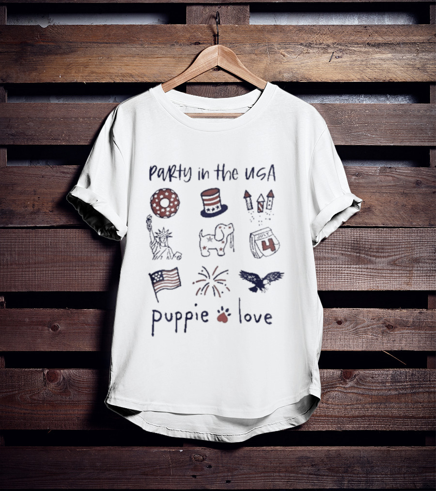 Party In The USA Puppie Love Patriotic Symbols Fireworks Hat Flag T-Shirt