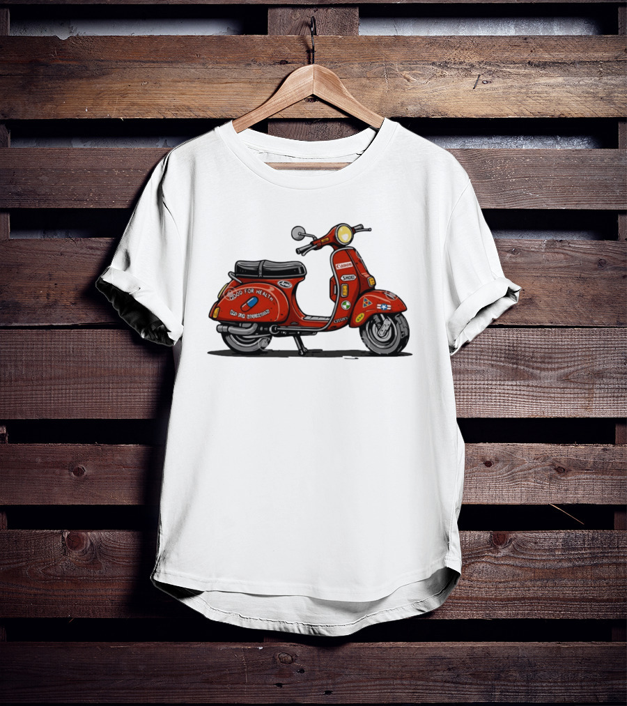 Kaneda's Vespa With Good For Health Sticker Citizen And Canon Shoei Arai Logos T-Shirt