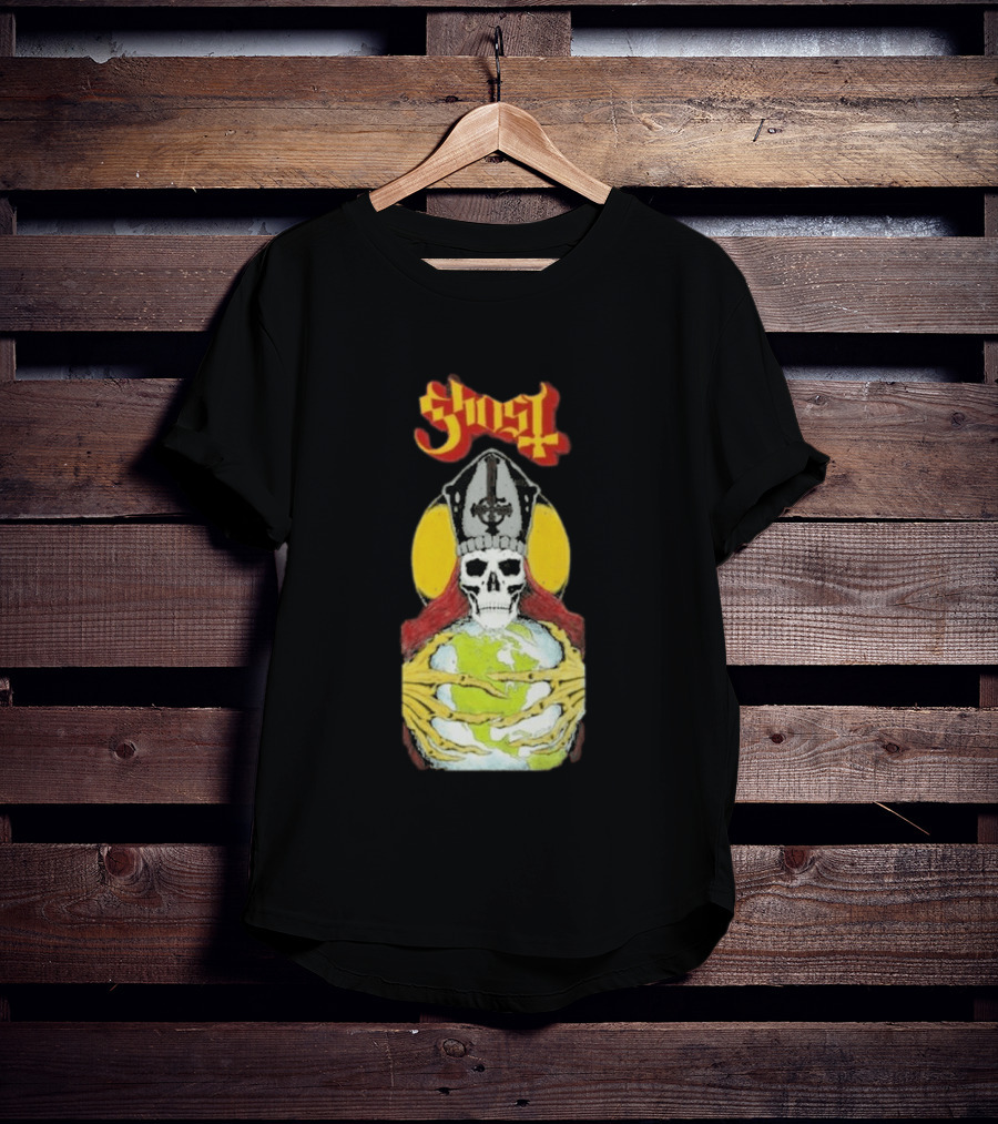 Ghost Skeleton Bishop Holding Earth Iconic Twisted Thread Ceremony T-Shirt
