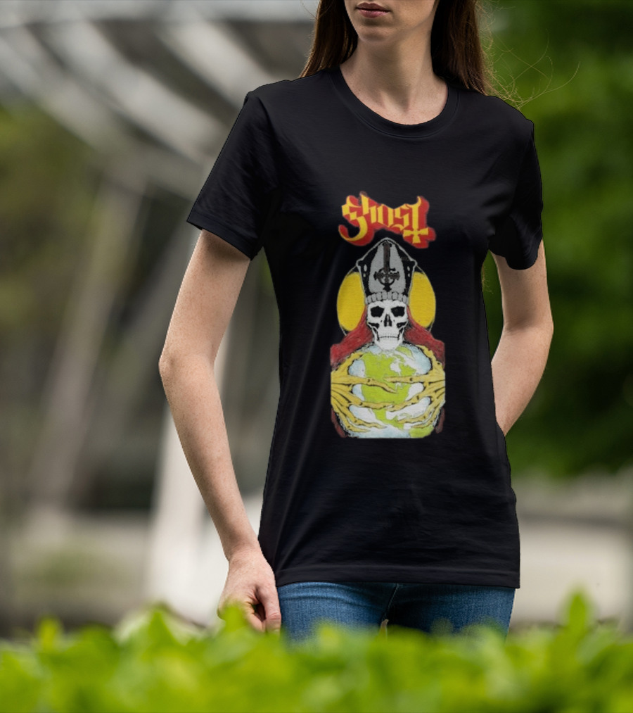 Ghost Skeleton Bishop Holding Earth Iconic Twisted Thread Ceremony T-Shirt