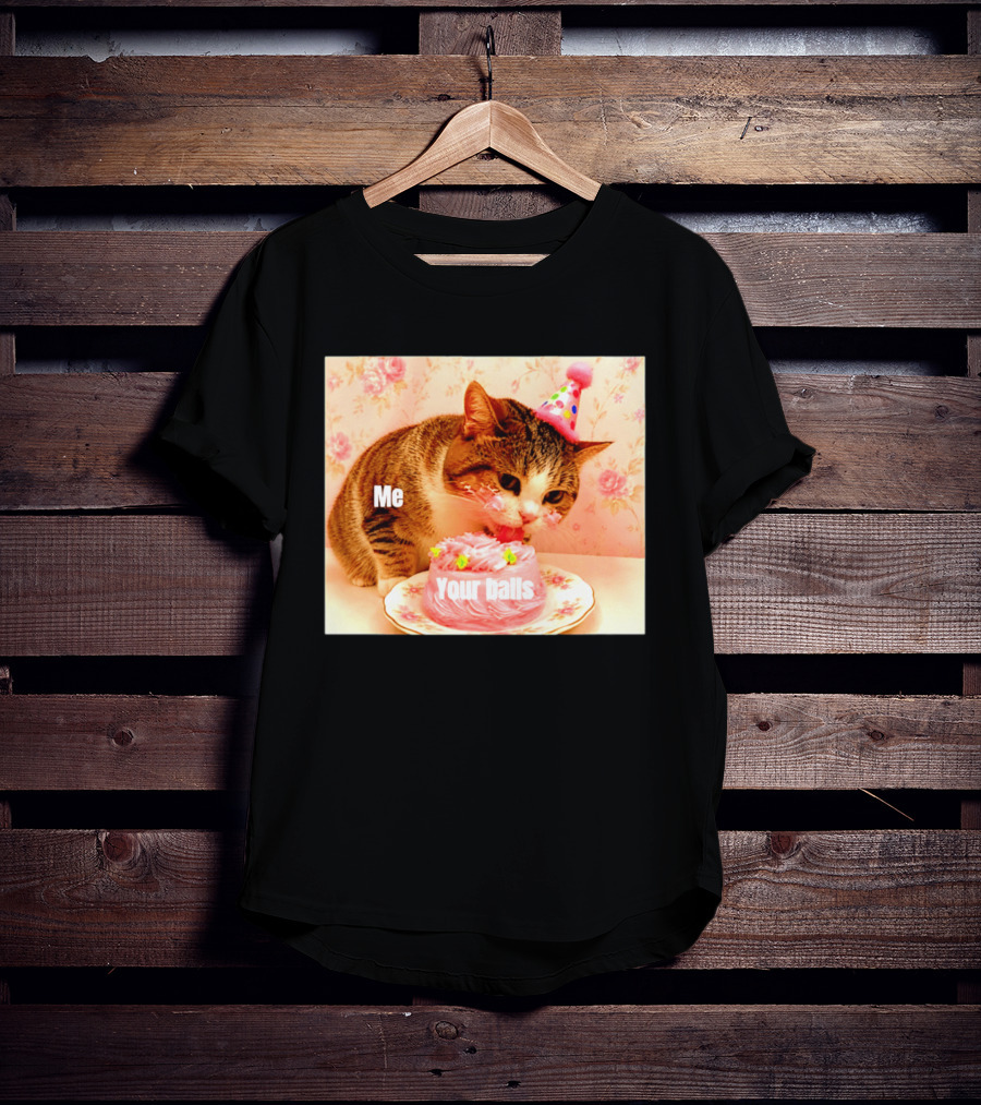 Me Your Balls Cat Eating Cake Party Hat T-Shirt