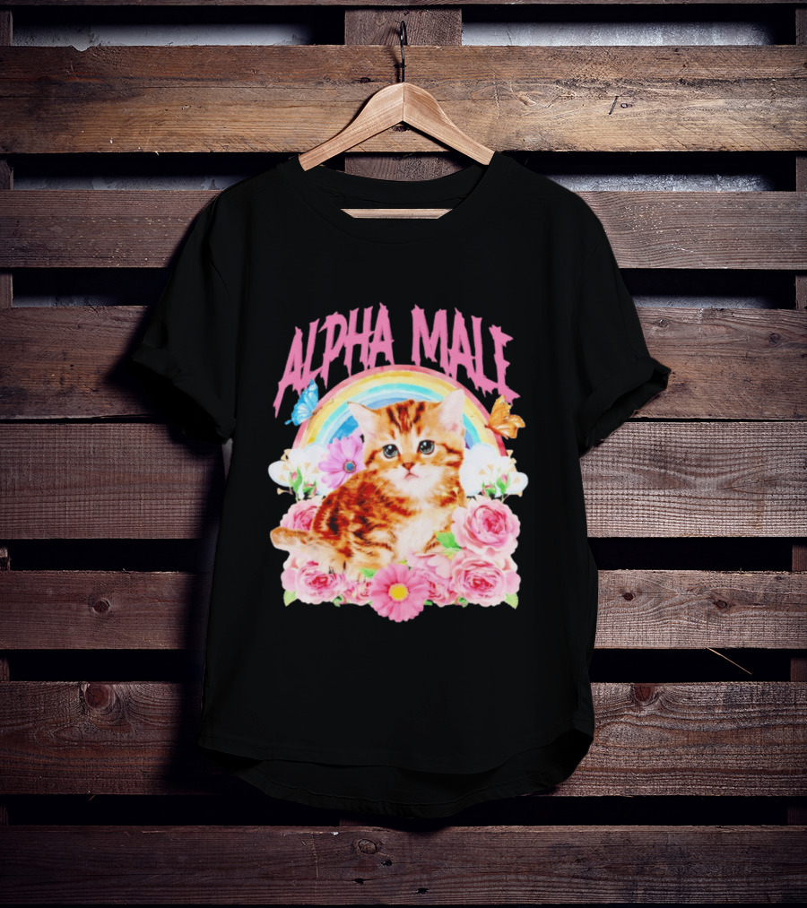 Alpha Male Kitten Rainbow Butterfly Floral Roses T-Shirt