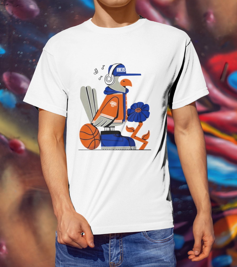 New York Knicks Go Go Go Bird With Cap And Basketball T-Shirt