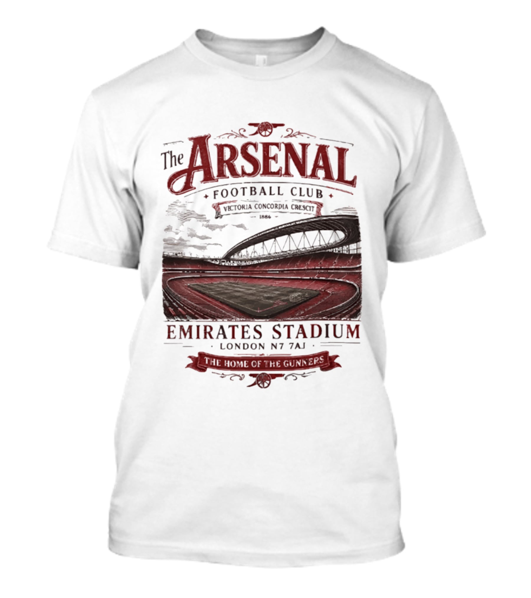 Arsenal Football Club Emirates Stadium London N7 7AJ Victoria Concordia Crescit Established 1886 Home Of The Gunners T-Shirt