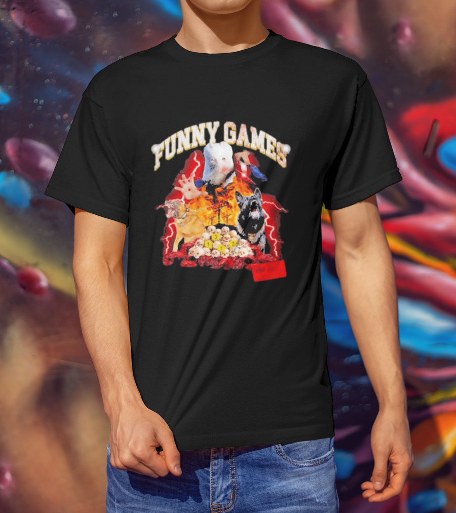 Funny Games Dog Skull Pile Fire Chaos T-Shirt