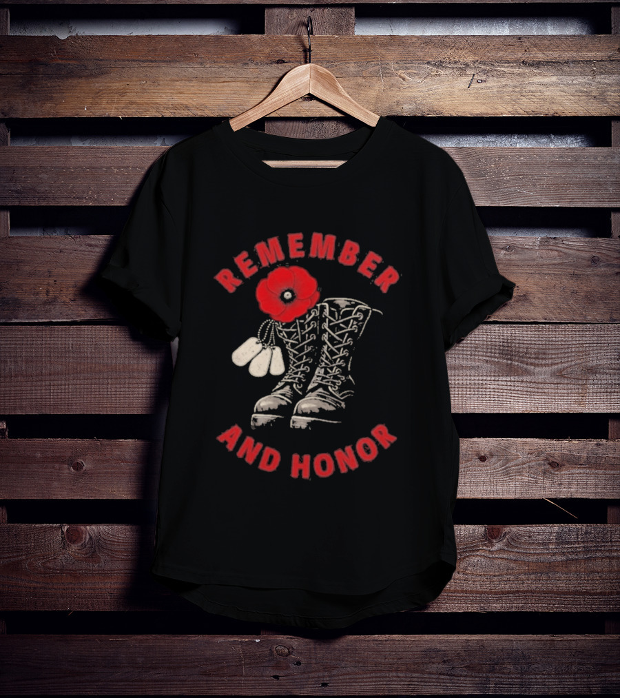 Memorial Day Remember And Honor Poppy Flower Military Boots T-Shirt