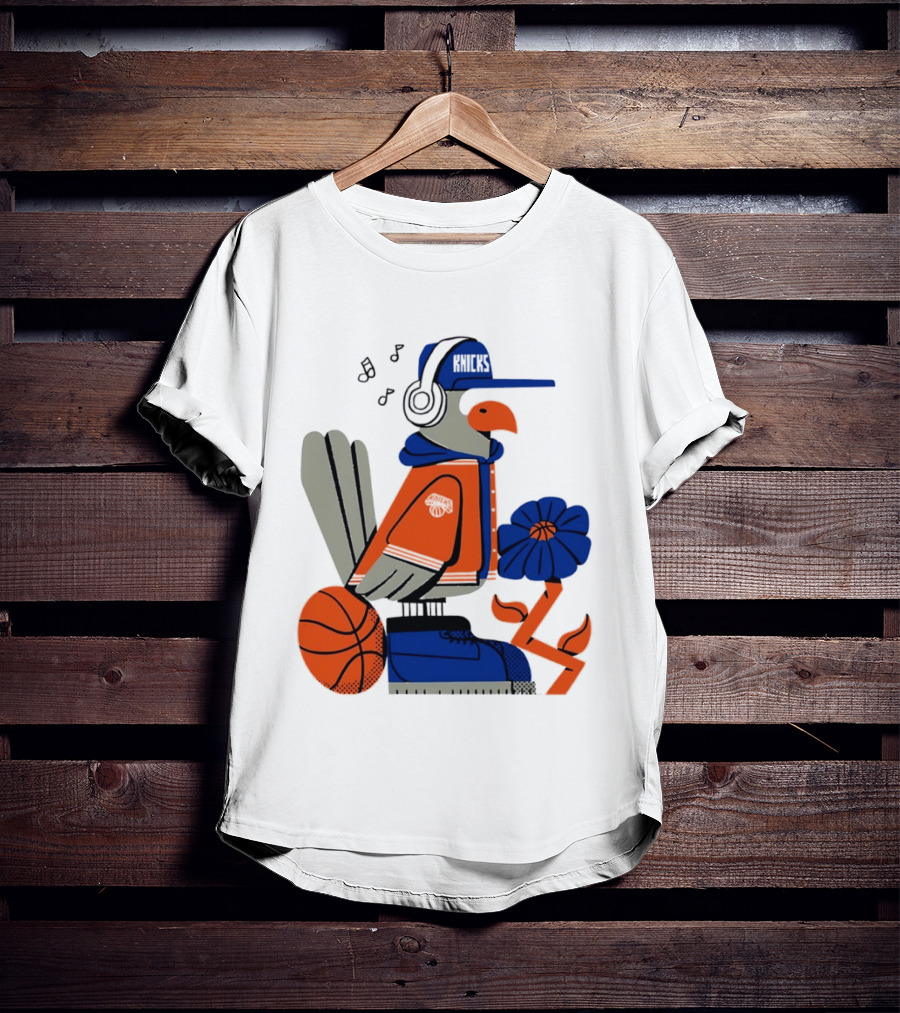 New York Knicks Bird Cap Headphones Basketball Flower T-Shirt
