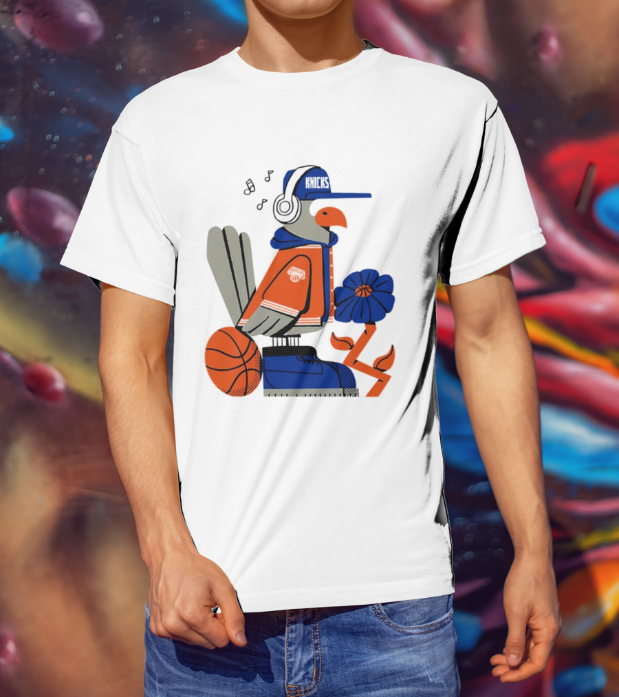 New York Knicks Bird Cap Headphones Basketball Flower T-Shirt