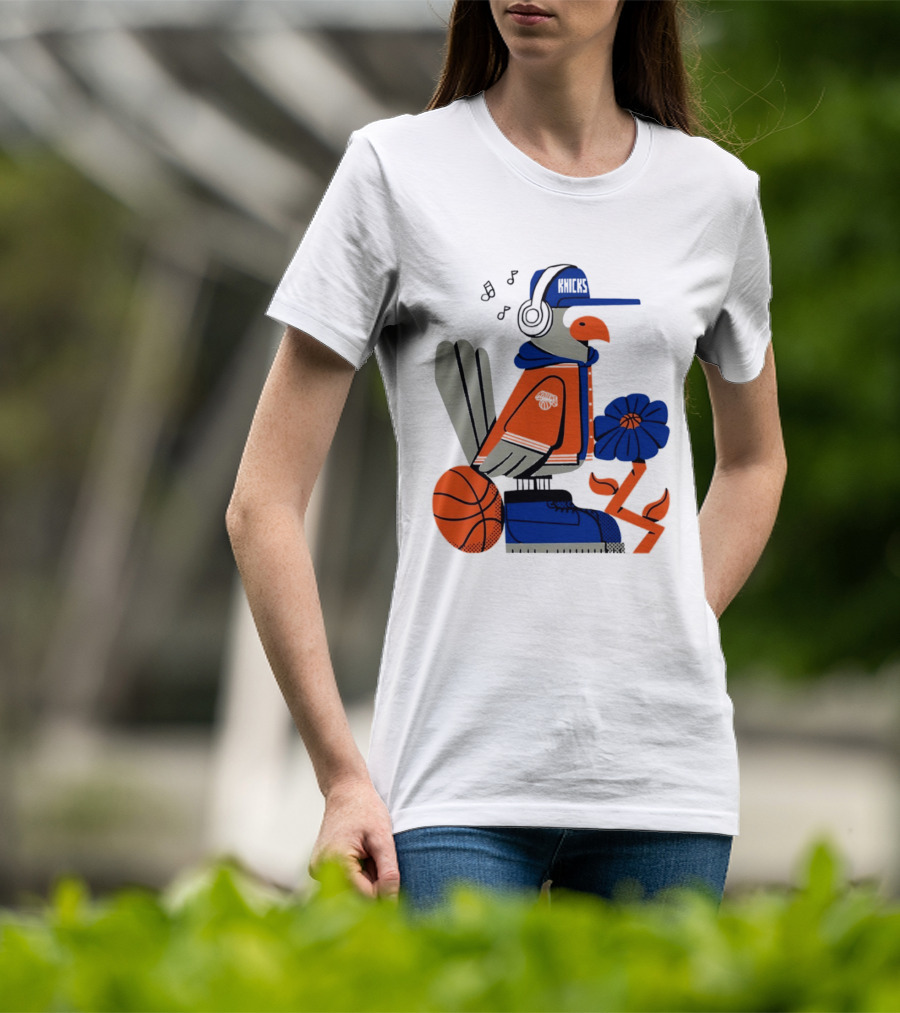 New York Knicks Bird Cap Headphones Basketball Flower T-Shirt