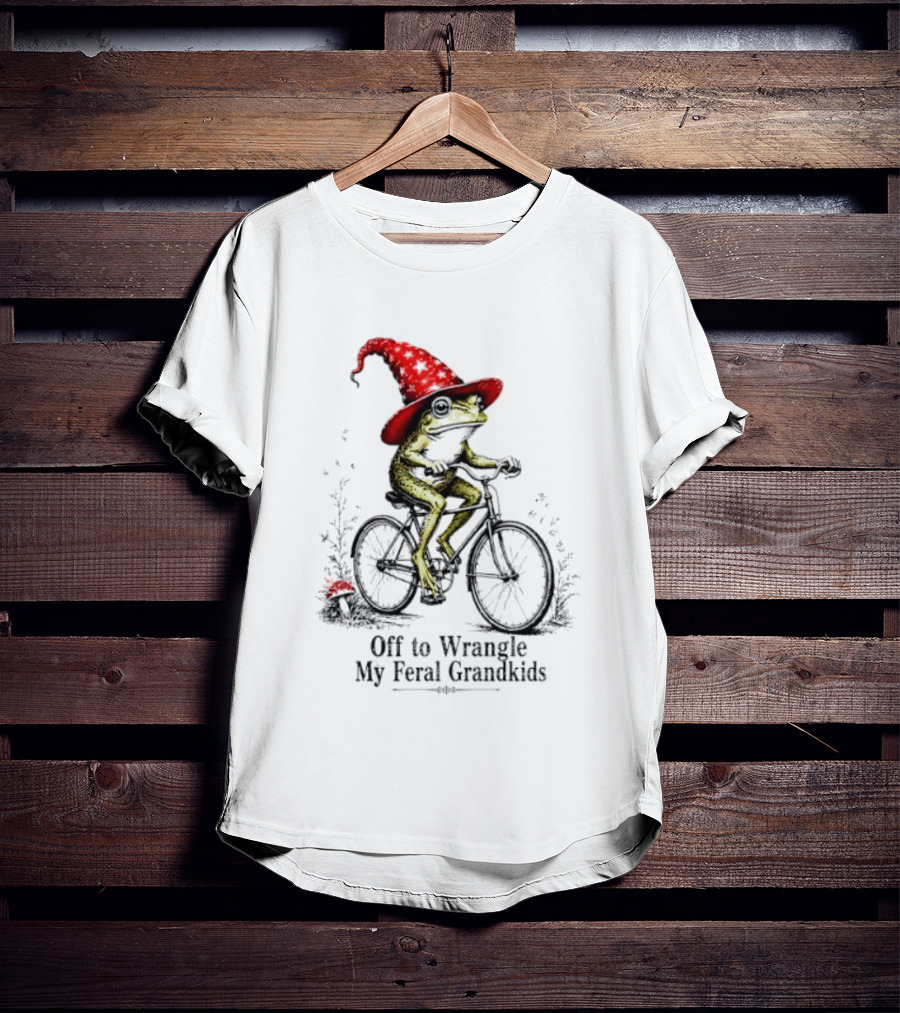 Off To Wrangle My Feral Grandkids Wizard Frog On Bicycle With Red Hat T-Shirt