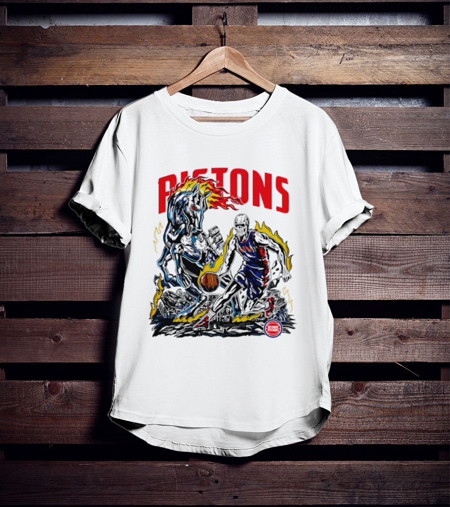 Detroit Pistons Skull Basketball Horse Flames Robot T-Shirt
