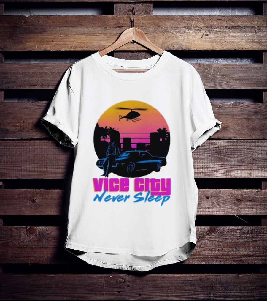 Vice City Never Sleep 80s Sunset Car Helicopter T-Shirt