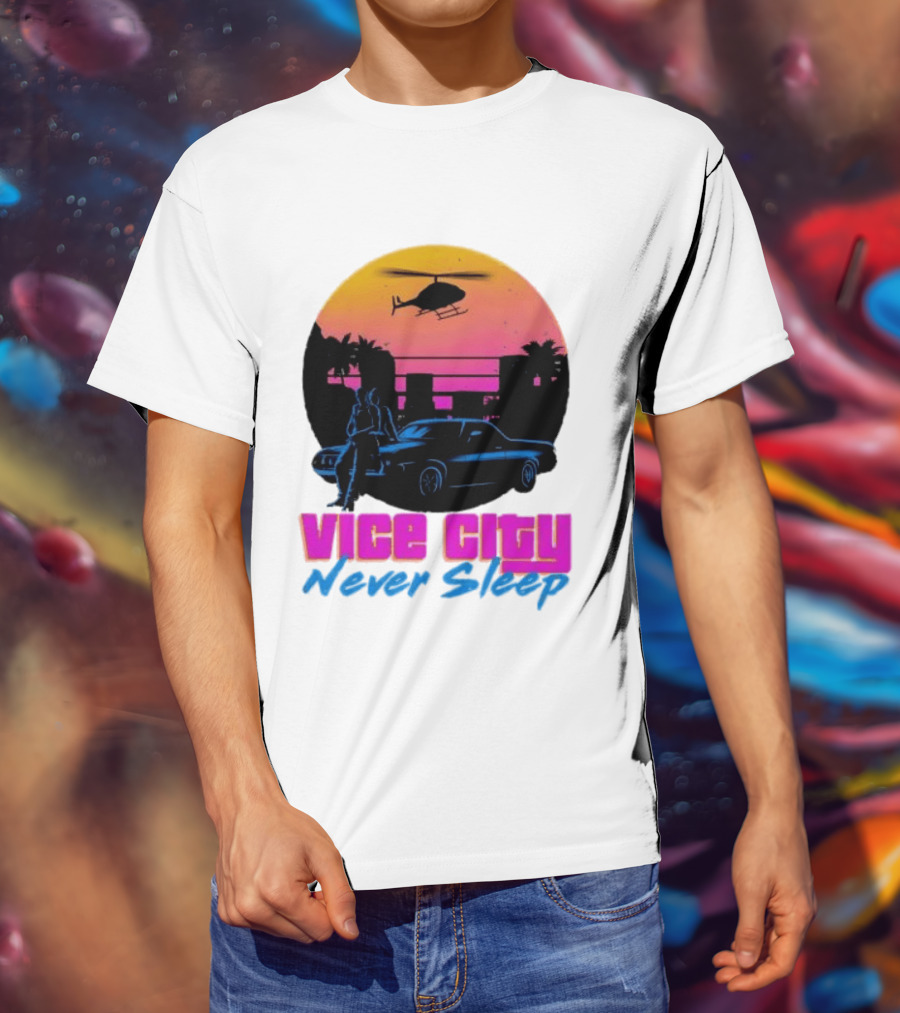 Vice City Never Sleep 80s Sunset Car Helicopter T-Shirt