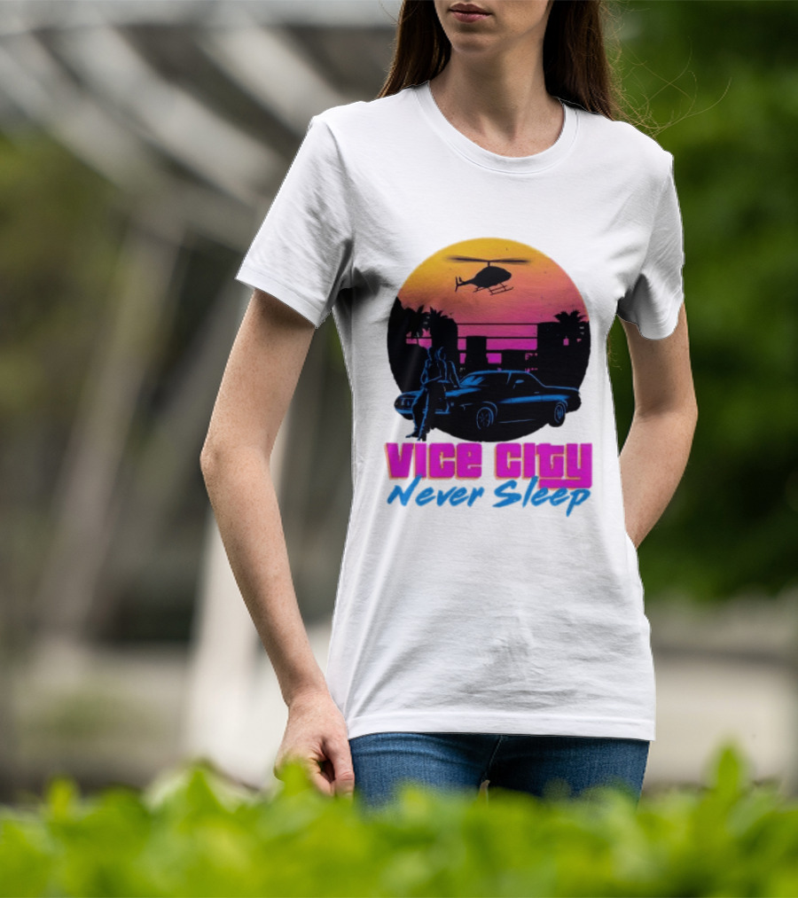 Vice City Never Sleep 80s Sunset Car Helicopter T-Shirt