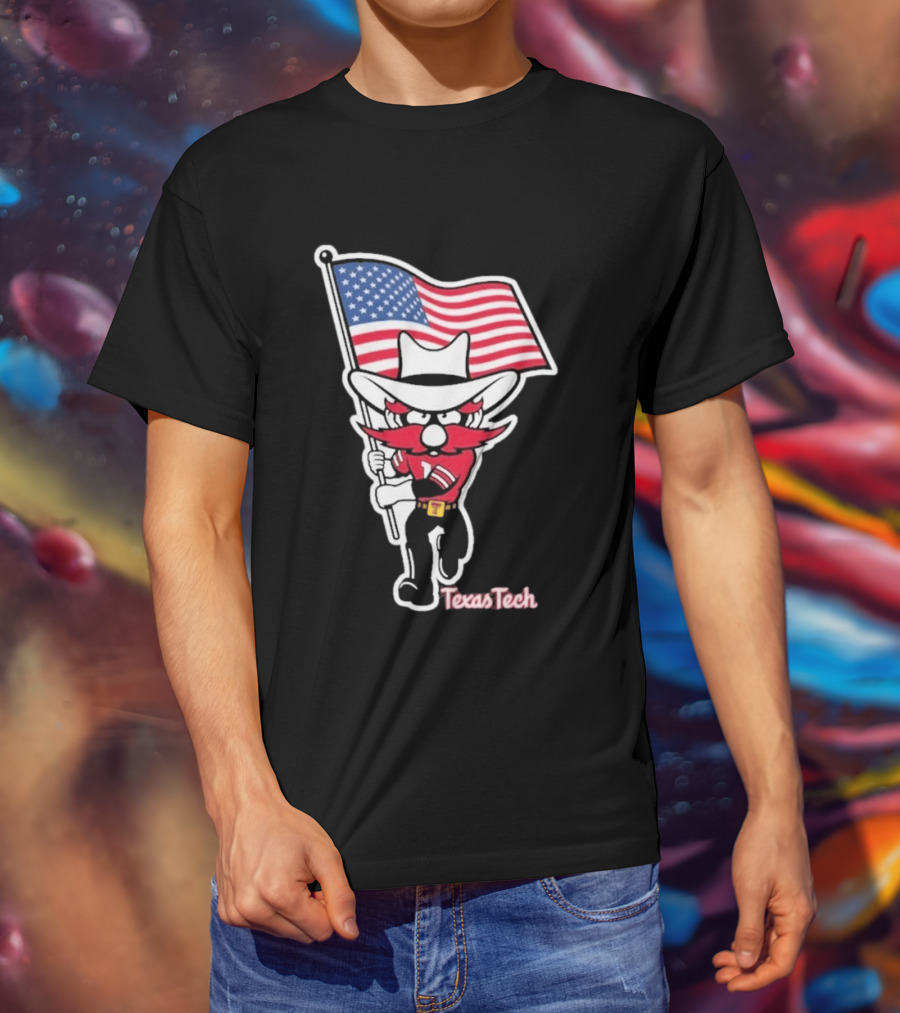 Texas Tech Red Raider Holding American Flag Sticker T-Shirt