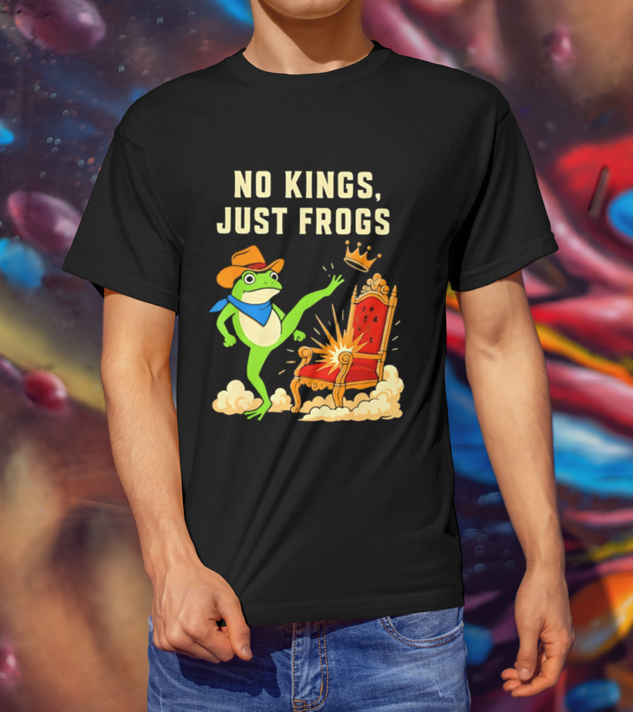 No Kings Just Frogs Portland Cowboy Frog Kicking Crown From Throne T-Shirt