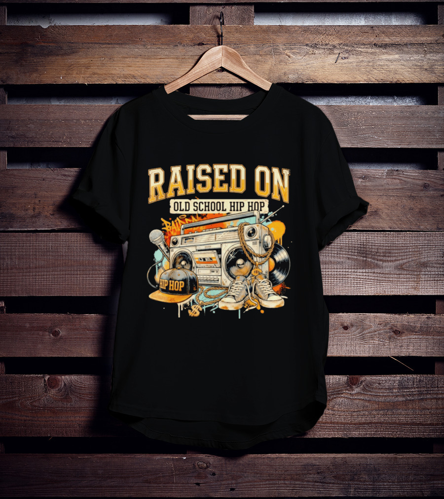 Raised On Old School Hip Hop Boombox Sneakers Microphone Cap Vinyl T-Shirt