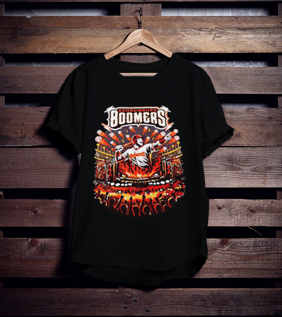 Schaumburg Boomers Flaming Baseball Batter Stadium Fireworks T-Shirt