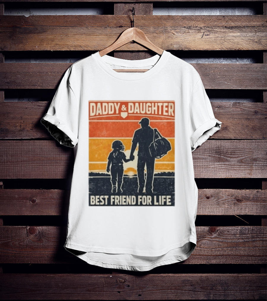 Daddy & Daughter Best Friend For Life Baseball Softball Silhouette Retro Sunset T-Shirt