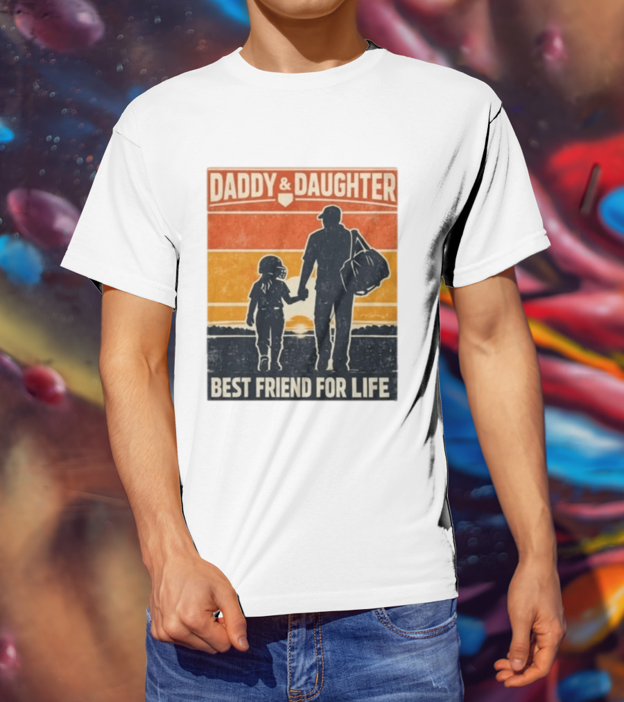 Daddy & Daughter Best Friend For Life Baseball Softball Silhouette Retro Sunset T-Shirt