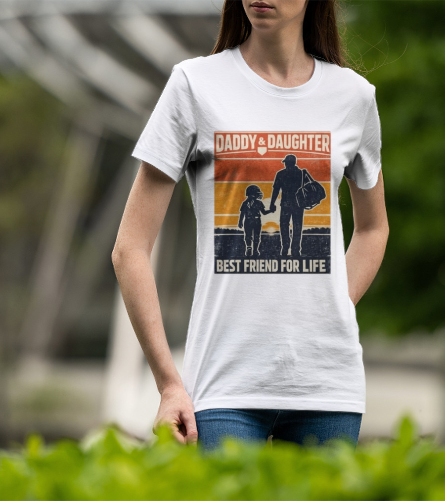 Daddy & Daughter Best Friend For Life Baseball Softball Silhouette Retro Sunset T-Shirt