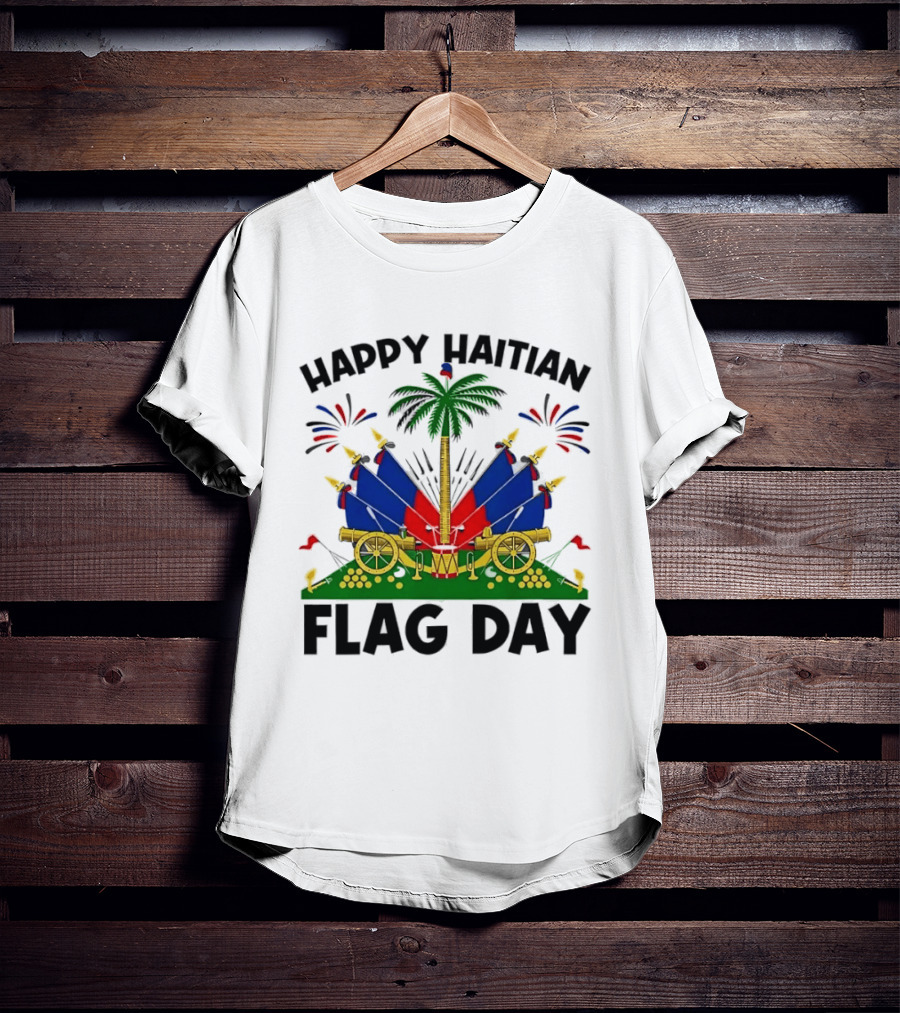 Happy Haitian Flag Day Coat Of Arms Palm Tree Cannons Fireworks Celebration T-Shirt