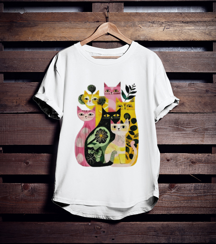 Vibrant Stylized Cats Botanical Foliage Whimsical T-Shirt