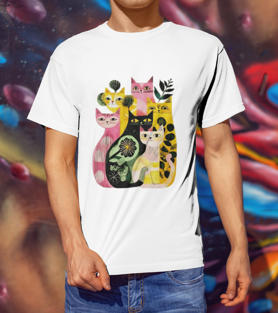 Vibrant Stylized Cats Botanical Foliage Whimsical T-Shirt