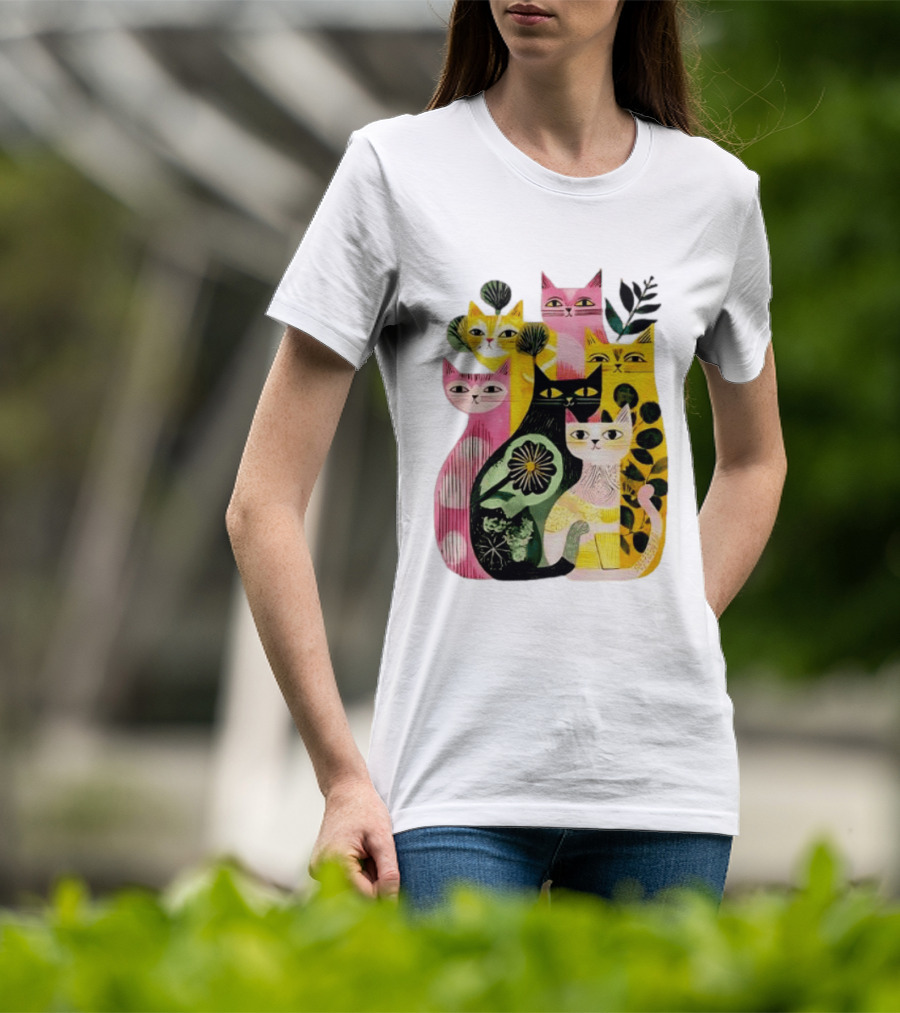 Vibrant Stylized Cats Botanical Foliage Whimsical T-Shirt