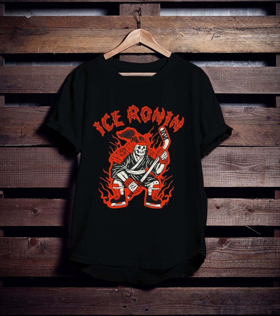 Ice Ronin Samurai Skull Hockey Stick Flames T-Shirt